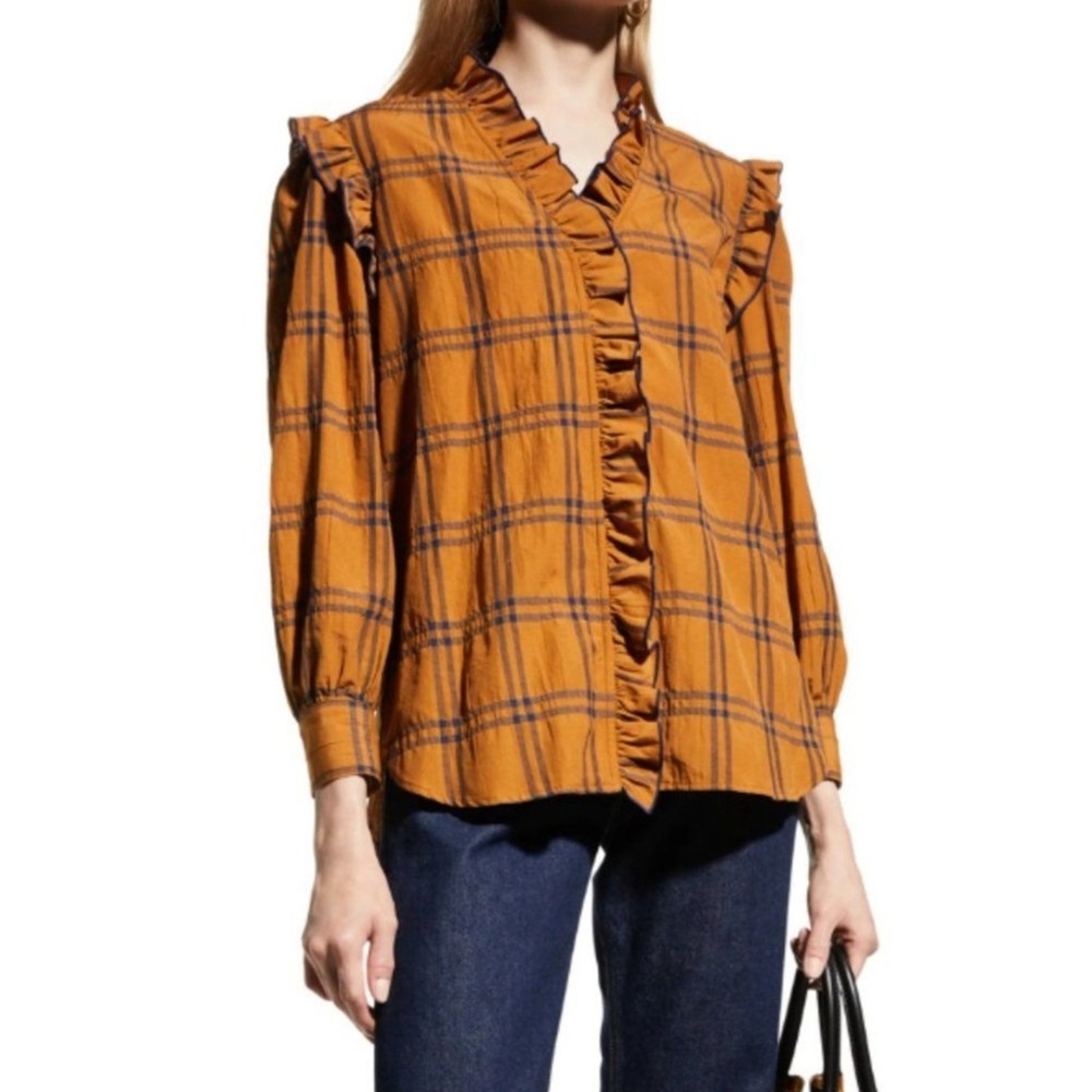 Finlay Byrdee Vicuna Pucker Plaid Long Sleeve Ruffle Blouse size XL